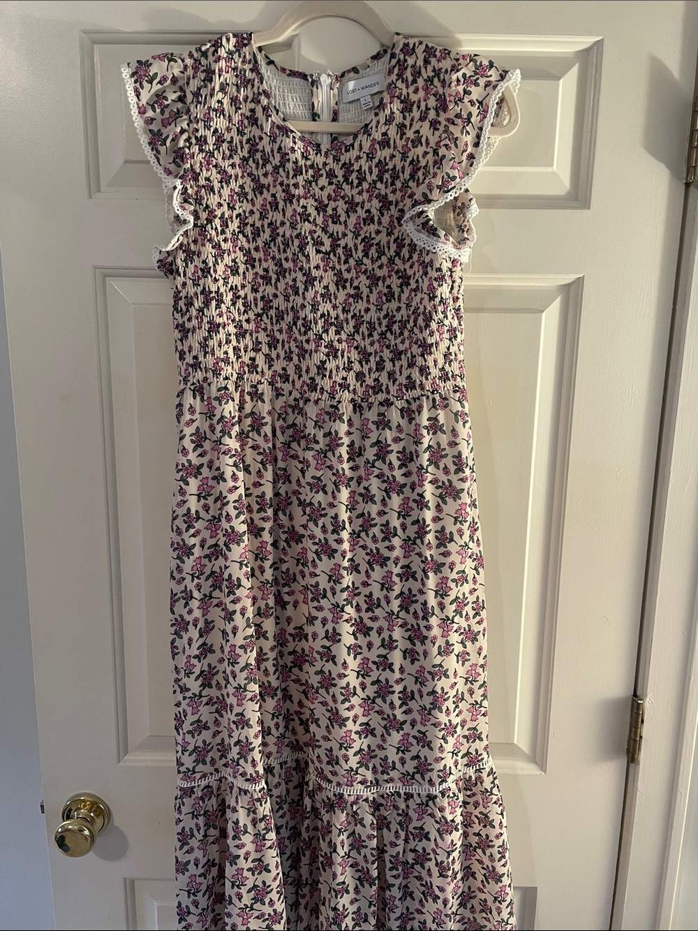 Lost + Wander Cream Floral Smocked Maxi Dress with Pink and Green Print